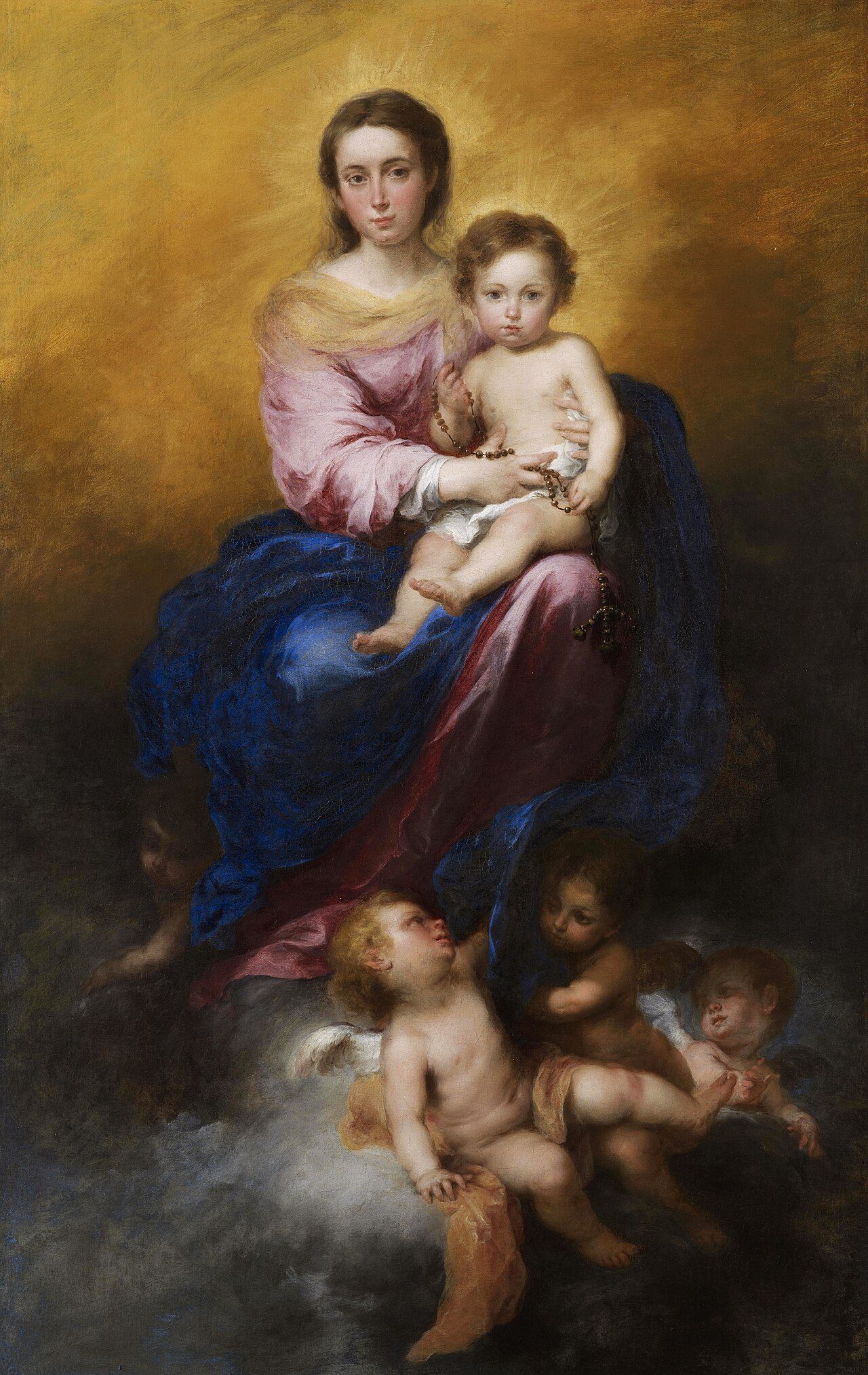 The Madonna of the Rosary: Mary enthroned on clouds holding the Christ Child, who holds a rosary